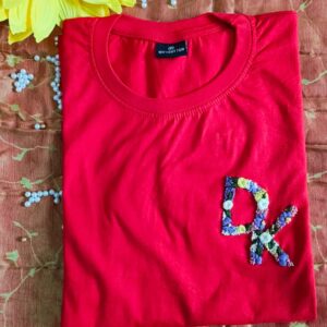 Custom Hand-Embroidered Floral Initials Cotton T-Shirt - Red, L